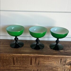 Carlo MORETTI Italian Vintage Set of Three Green and White Glass Goblets